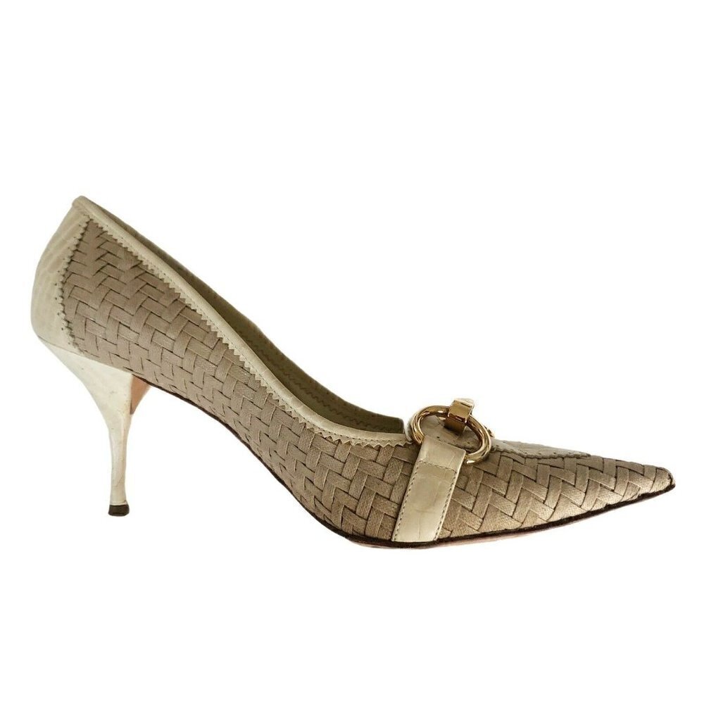 Casadei Beige Woven Leather Gold Horse Bit Heels - Picture 9 of 12